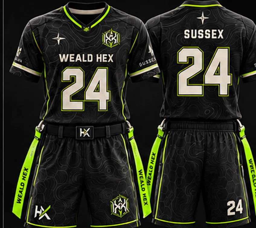 Weald Hex black home football jersey and shorts, front and back